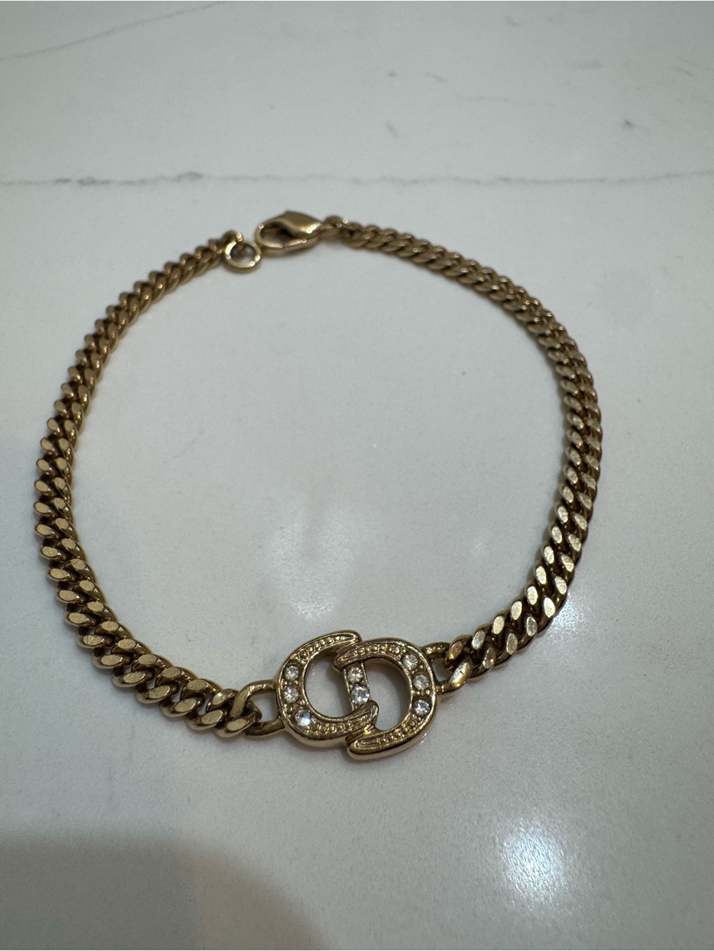 Christian Dior Gold-Tone Crystal Interlock Link Bracelet - 7.5 length AUTHENTIC